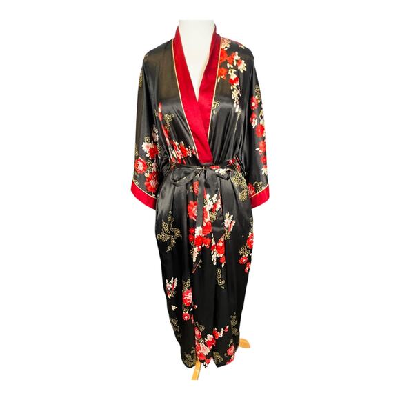 Jones New York Floral Satin Kimono Robe Black Red L/XL Belted Long Sleeve Silky - Picture 1 of 16